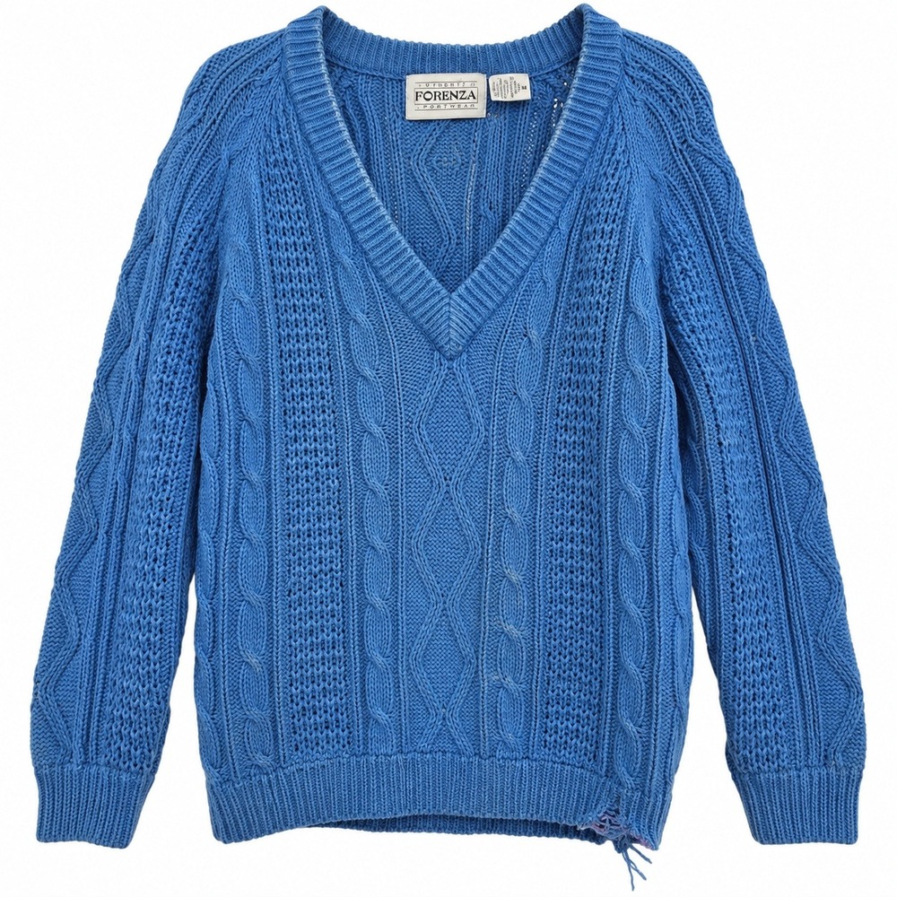 Forenza Cable Knit Sweater Womens Medium Blue Fair Vintage V-Neck Chunky Slouchy
